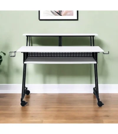 HMS 47" Modern White Black Computer Desk Adjustable Wooden Metal Table Glass Top Simple Space-Saving Assembled for Hotels