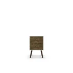 Mid century modern nightstand with 2 drawers in white and rustic brown finish on tapered legs