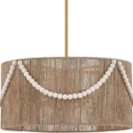 French Country Boho Chandelier, Rattan Hand Woven Drum Pendant Light with Wood Beads, Adjustable Coastal Pendant Lighting