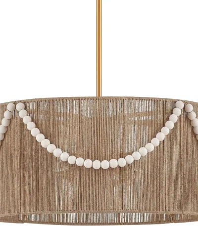 French Country Boho Chandelier, Rattan Hand Woven Drum Pendant Light with Wood Beads, Adjustable Coastal Pendant Lighting