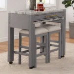 Modern brown dining table set with USB ports and three beige biscuit-tufted stools