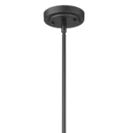 Three-quarter view of the antique style pendant light showing the combination of black metal, rattan, and clear glass.