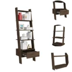 Contemporary Trapezoidal Bookshelf with One Drawer and Five Open Shelves Deep Walnut Wood FCJ for Home Office or Workshop