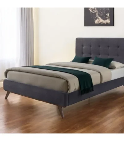 Goldoma button tufted king bed frame with gray upholstered headboard and brown wood base in a bedroom setting