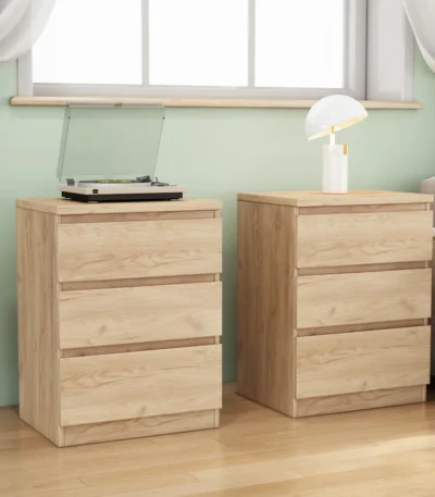 Natural nightstand set of 2 with three handle-free drawers and thickened top plate for minimalist bedroom storage