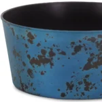 Large blue planter with powder-coated finish on a patio