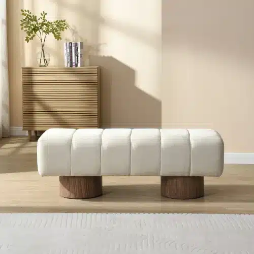 Goldoma No-Assembly Upholstered Bench Ottoman – Beige Chenille, 50"W, 300 lbs Capacity