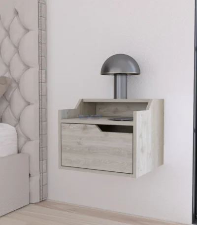 Floating nightstand with drawer and dual shelf display in gray finish mounted on bedroom wall
