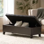 Goldoma dark brown faux leather tufted convertible storage ottoman with hidden storage compartment