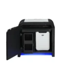 Black and white nightstand with cooler and Bluetooth speaker featuring modern design, blue LED lighting, and grooved front panel