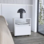 White nightstand with drawer and open shelf on casters, 20 inches tall, modern compact design for bedroom or living room storage