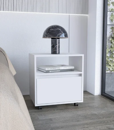 White nightstand with drawer and open shelf on casters, 20 inches tall, modern compact design for bedroom or living room storage