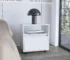 White nightstand with drawer, open shelf, and casters in a modern bedroom