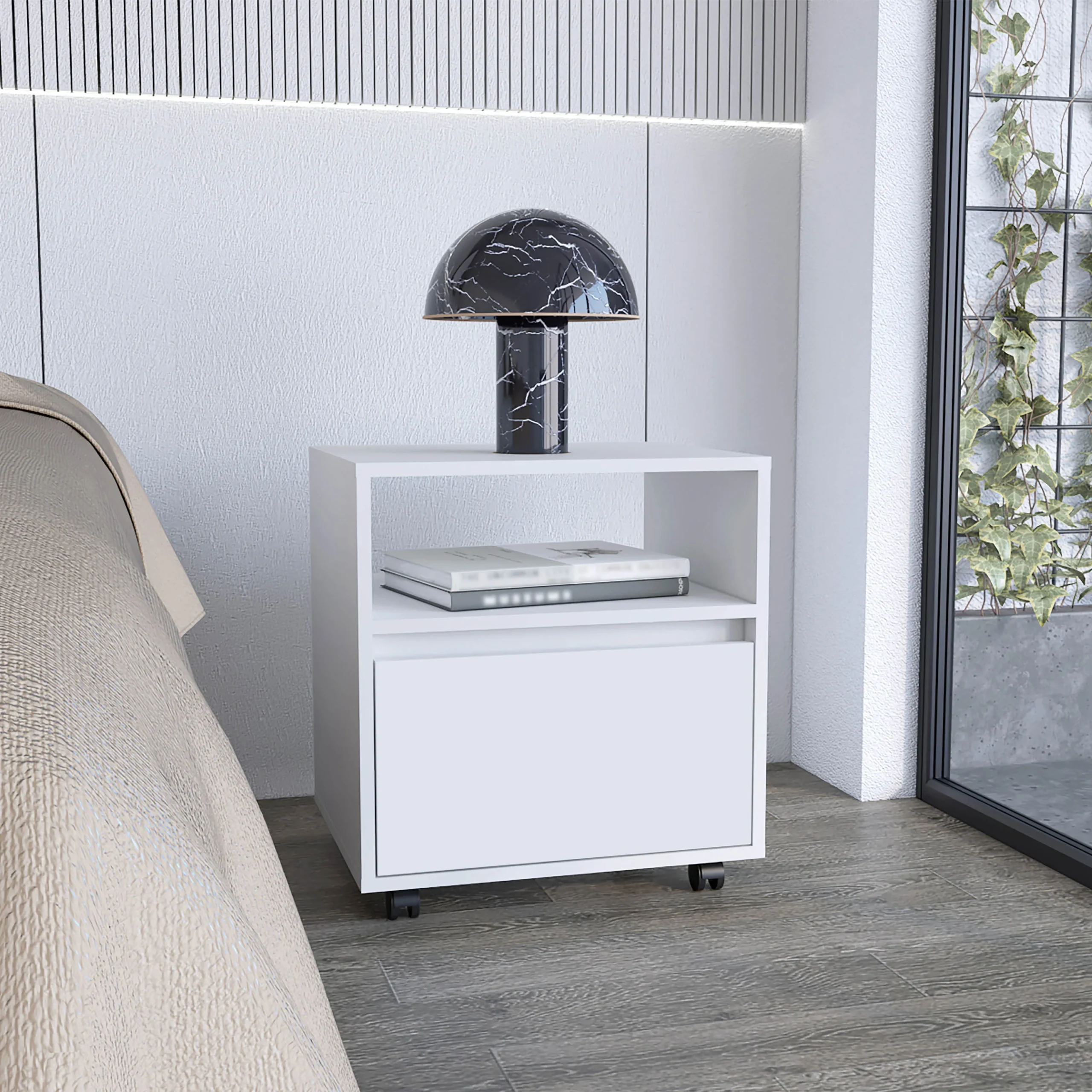 Hd16683722e06462da9f24f47eb05aa3cd.webp White nightstand with drawer and open shelf on casters, 20 inches tall, modern compact design for bedroom or living room storage