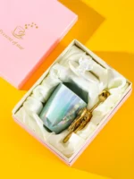 Creative Pearlescent Colored Ceramic Mug with Angel Wings, Coffee Cup with Lids, Cute Flower Tea Tazas Afternoon