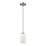 HMS modern silver hanging light with frosted glass shade in warm white light, suspended above a dining table in a