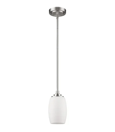 HMS modern silver hanging light with frosted glass shade in warm white light, suspended above a dining table in a