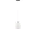 HMS modern silver hanging light with frosted glass shade in warm white light, suspended above a dining table in a