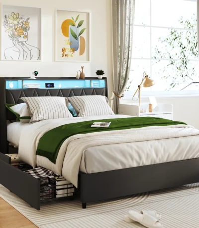 Goldoma full size adjustable bed frame with ergonomic headboard, built-in outlets, USB charger, and LED lighting