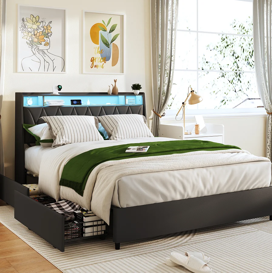 Goldoma full size bed frame with headboard and LED lighting in a modern bedroom