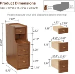 Narrow Solid Walnut Wood Nightstand with 3 Drawers – side view