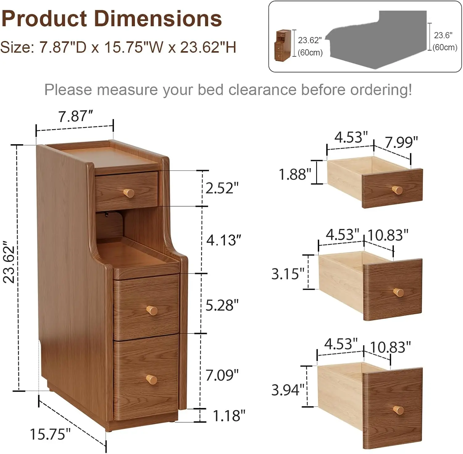 Narrow Solid Walnut Wood Nightstand with 3 Drawers
