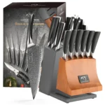 Damascus steel knife set with wooden handles displayed on cutting board