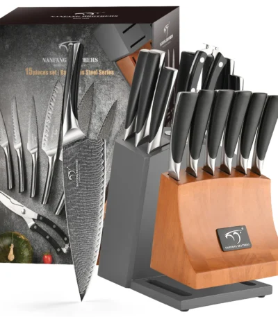 Set of 15 VG-10 Damascus Steel Knives Cutting Bread Meat Kitchen Knife Set with Scissors Sharpener Stick