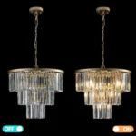 Detailed shot of the crystal tiers and gold arms of the chandelier, highlighting the elegant design and materials.