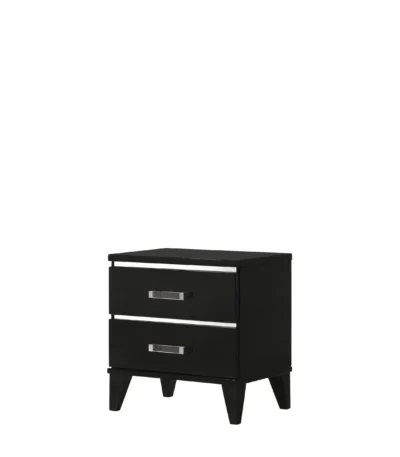 Chelsie black finish nightstand with two drawers and silver handles for bedroom storage