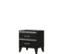 Modern black nightstand with drawers in a bedroom setting, featuring two spacious drawers and a sleek top surface