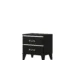 Modern black nightstand with drawers in a bedroom setting, featuring two spacious drawers and a sleek top surface