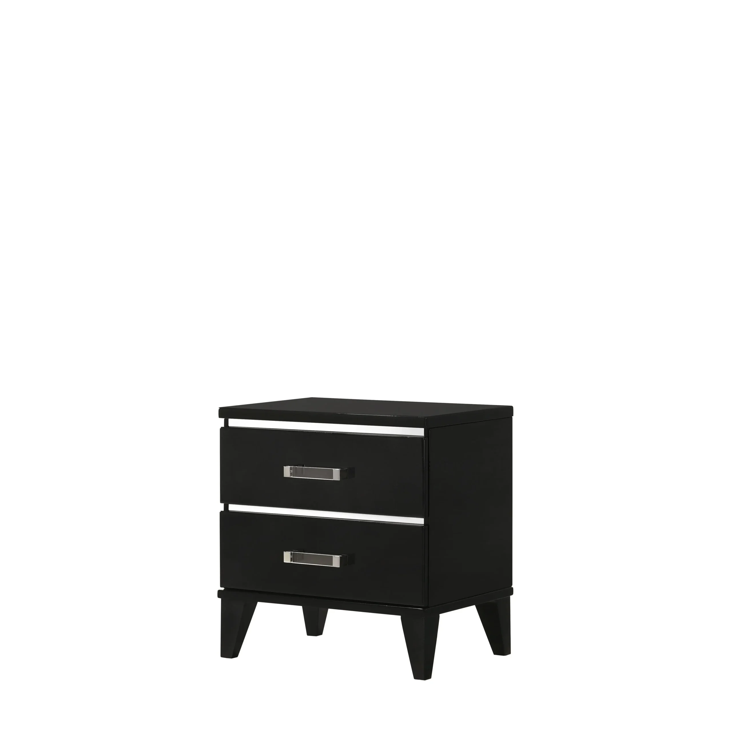 Modern black nightstand with drawers in a bedroom setting, featuring two spacious drawers and a sleek top surface