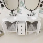 Detailed view of the cabinet doors and handles on the white plywood double sink vanity, floor standing.
