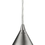 Side view of the Scandinavian pendant lamp hanging from a ceiling, with a minimalist living room setting.