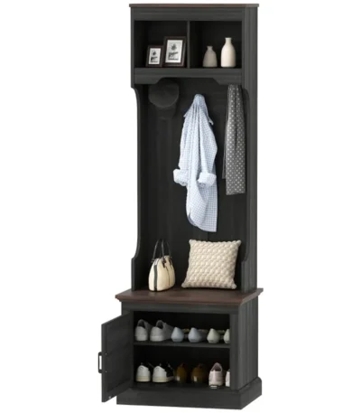 Goldoma 3-in-1 entryway storage bench with coat rack and shoe organizer in black wood grain finish