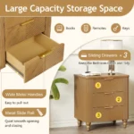 Mid century fluted 3 drawer nightstand with gold handles in natural wood finish - perfect bedroom storage furniture