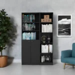 HMS 71 Black Five-Tier Oak Bookshelf Minimalist Design with Two Doors for Home Office Workshop or Living Room – side view