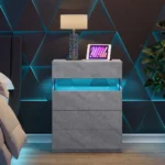Grey LED nightstand with 4 drawers and color-changing lights in a modern bedroom setting