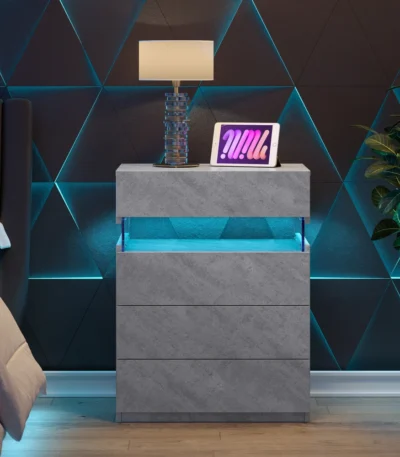 Grey LED nightstand with 4 drawers and color-changing lights in a modern bedroom setting