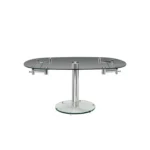 40 inch clear glass extendable dining table with self-storing leaf and silver metal pedestal base, modern design