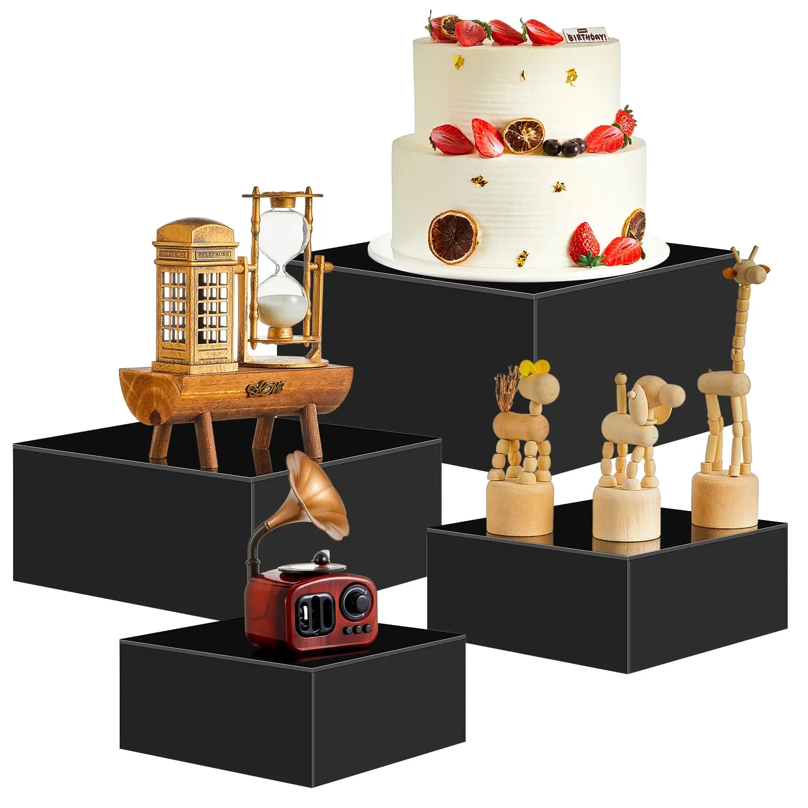 Hd30b640d376d473ea81735de59a48523O.webp Set of 4 Frosted Acrylic Cube Boxes with Hollow Bottoms Black Nesting Risers for Cake Decorating Buffet Display - Image 1