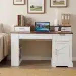 55" Modern Office Desk with Storage Cabinet & Charging Station Barn Door Writing Desk with Keyboard Tray Eco-Friendly
