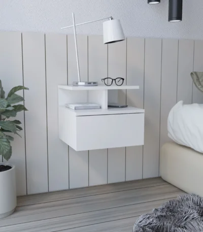 White floating nightstand with one drawer wall mounted in a modern bedroom