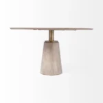 54 inch brown and gold pedestal dining table with solid wood top and metal base, perfect for small dining rooms