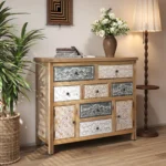 Vintage Wooden Accent Chest 7 Drawers 2 Cabinets - Rustic Multicolor Carved Storage Dresser – close-up detail