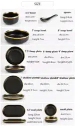 Gilt Rim Black Porcelain Dinner Plates Kitchen Dishes Ceramics Tableware Food Tray Rice Salad Noodles Bowl Cutlery Set
