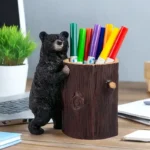 Resin Little Bear Holding Tree Stump Pen Holder-Hand-painted Art-Bionic Design-Desktop/Office Area Fun and Practical Decor