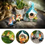 Gnome garden house statue with warm solar light glowing, placed on a patio stone during evening.
