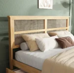 King size bed with storage drawers and rattan headboard - Goldoma modern farmhouse design